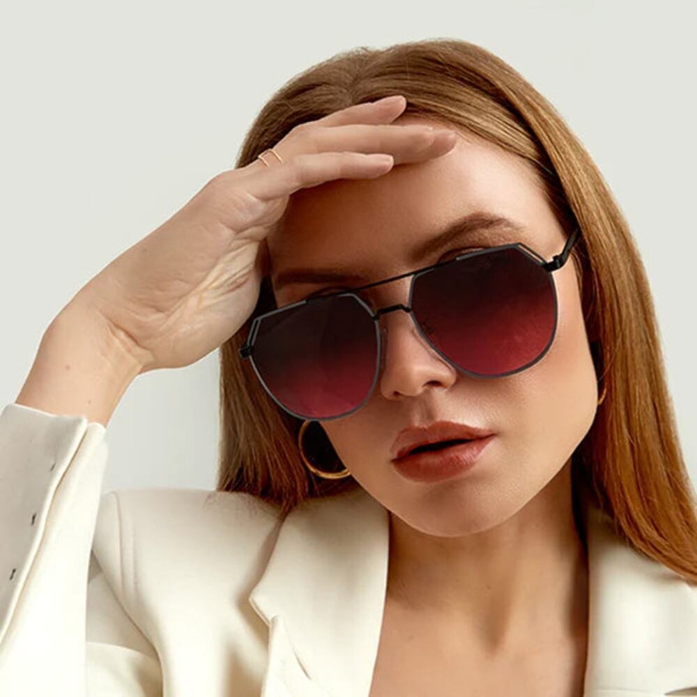 TOPFOXX Women's Black Frame Farrah Ruby Red Lens Oversized Aviator Sunglasses